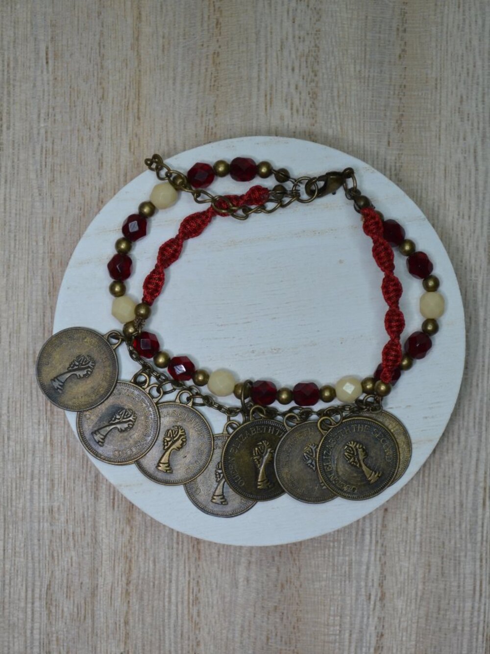 Queen Elizabeth II Bronze Coin Dangle Bead Bracelet
